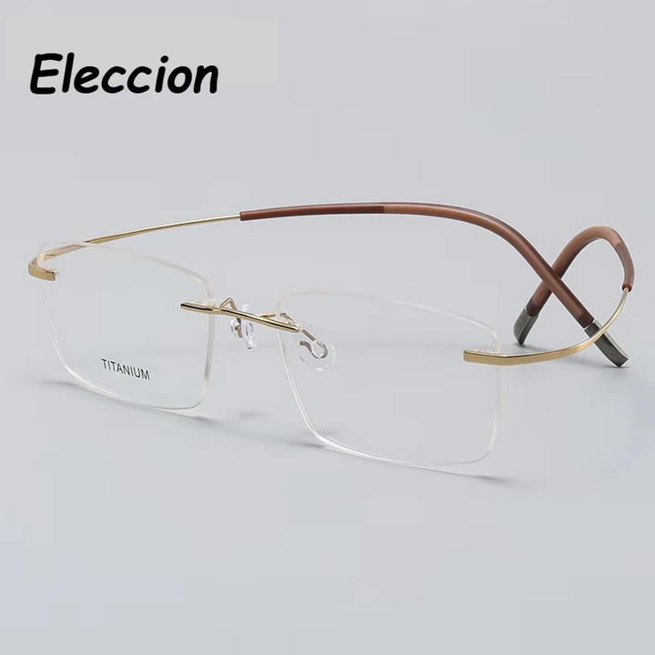 Eleccion Unisex Rimless Square Titanium Eyeglasses 47577 Rimless Eleccion Gold