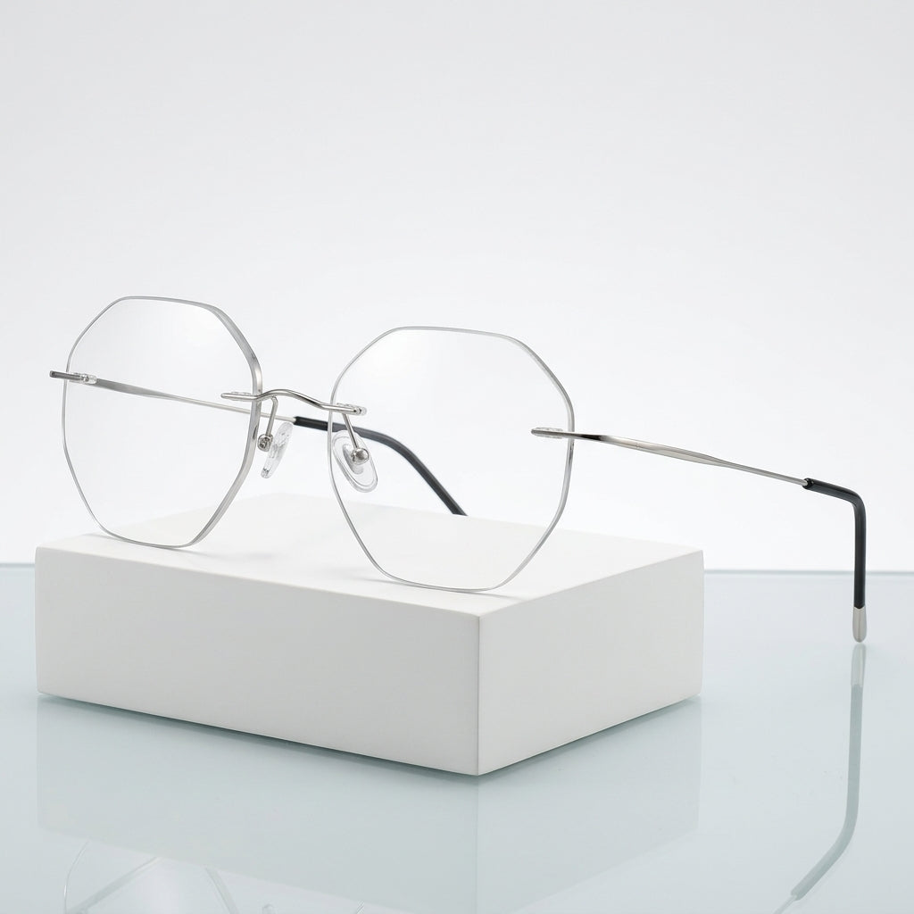 Chashma Ottica Unisex Rimless Octagon Polygon Titanium Eyeglasses 9017