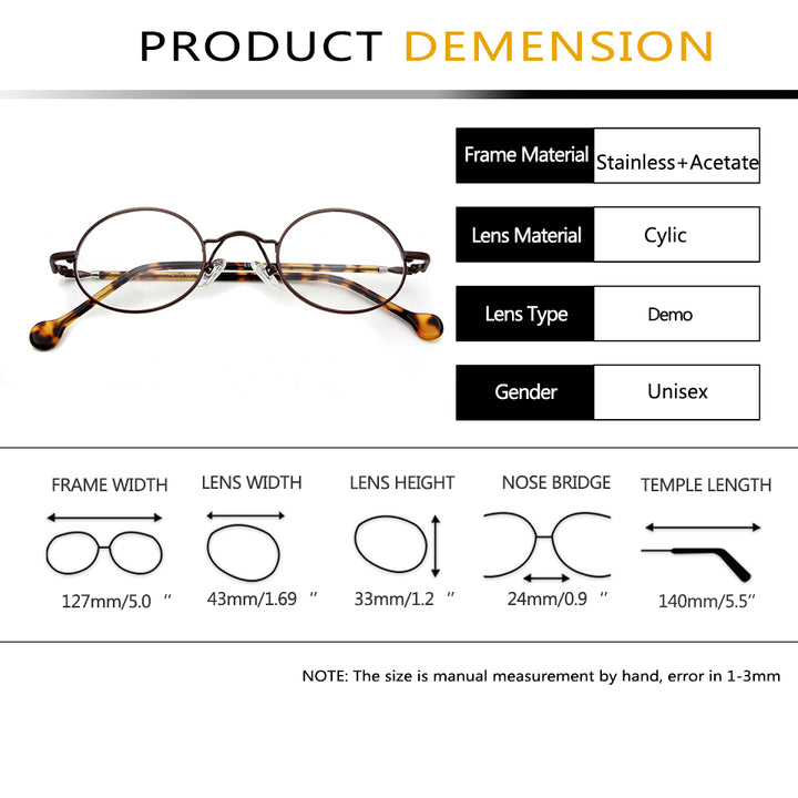 Esnbie Unisex Full Rim Small Oval Alloy Acetate Eyeglasses 18108 — view 1 | Esnbie at FuzWeb