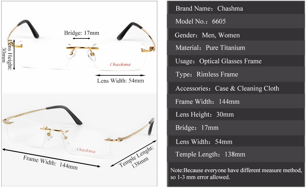 Chashma Ochki Unisex Rimless Square Titanium Eyeglasses 26605 — view 1 | Chashma Ochki at FuzWeb
