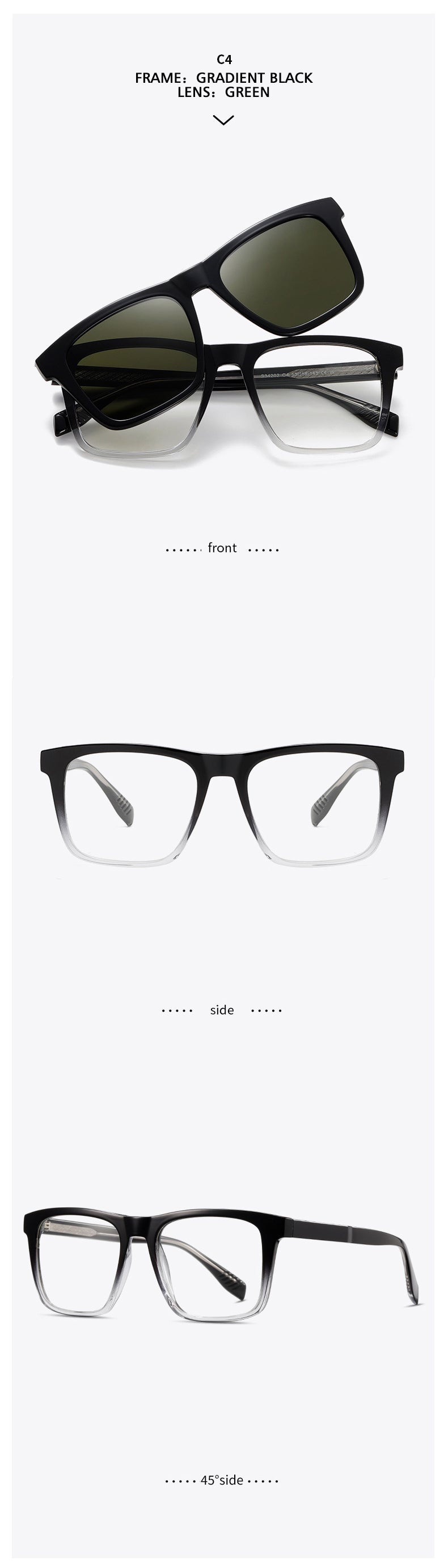 Kansept Unisex Full Rim Square Tr 90 Alloy Reading Glasses Clip On Sunglasses 34202.