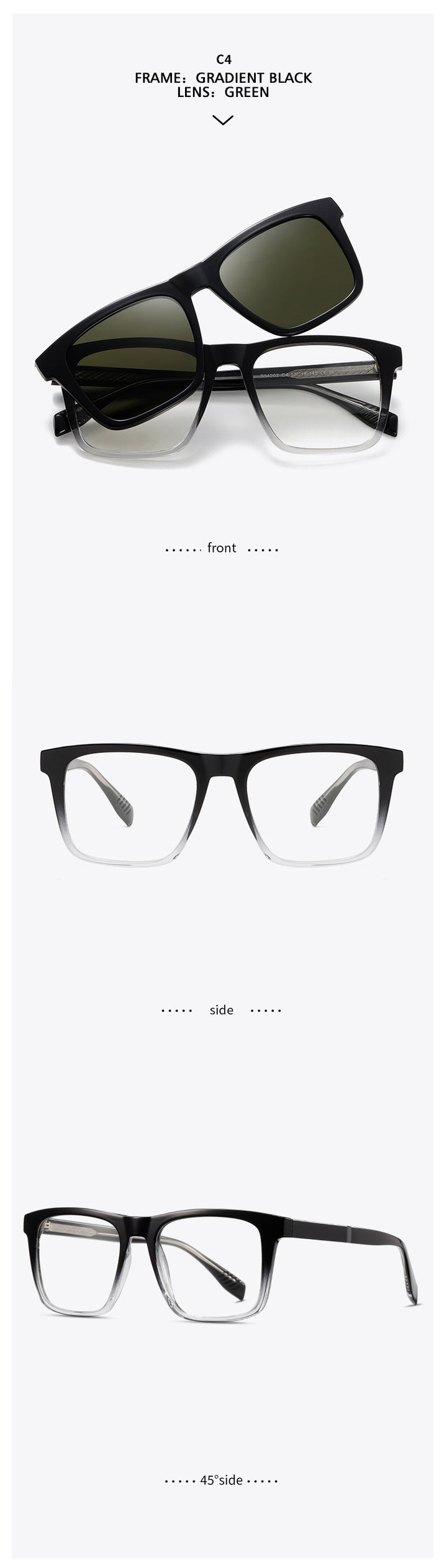 Kansept Unisex Full Rim Square Tr 90 Alloy Reading Glasses Clip On Sunglasses 34202.