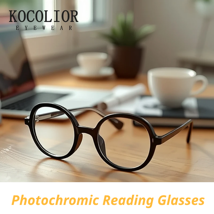 Kocolior Unisex Full Rim Round Tr 90 Alloy Photochromic Reading Glasses 422309