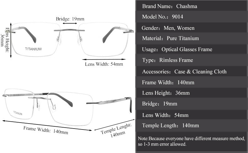 Chashma Unisex Rimless Square Titanium Customizable Lens Eyeglasses 90144 — view 1 | Chashma at FuzWeb