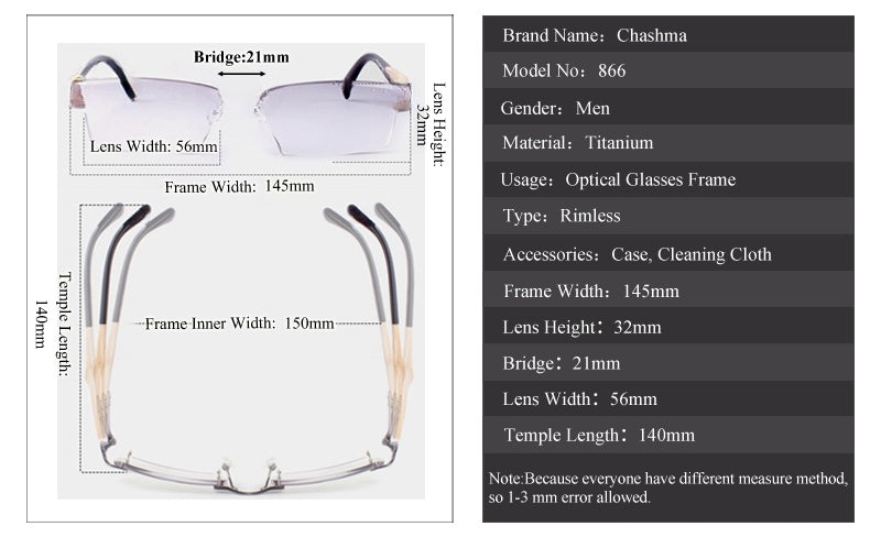 Chashma Ottica Mens Rimless Square Titanium Eyeglasses Bamboo Temples Tint Lenses 886 — view 1 | Chashma Ottica at FuzWeb