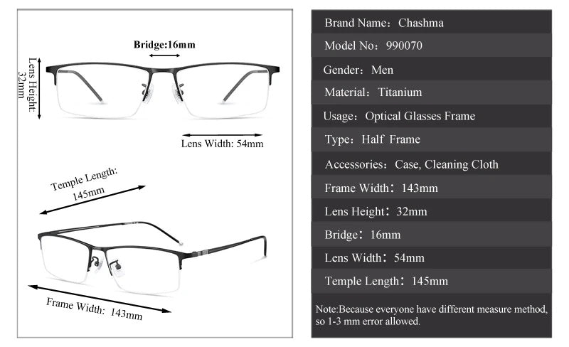Chashma Ottica Mens Semi Rim Square Brow Line Titanium Eyeglasses 99070 — view 1 | Chashma Ottica at FuzWeb