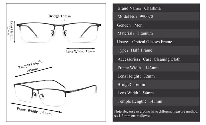 Chashma Ottica Mens Semi Rim Square Brow Line Titanium Eyeglasses 99070 — view 1 | Chashma Ottica at FuzWeb