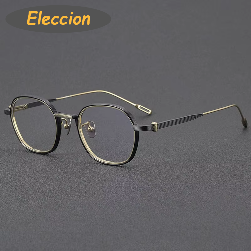 Eleccion Unisex Full Rim Polygon Titanium Eyeglasses 14049 Full Rim Eleccion Black - Gold