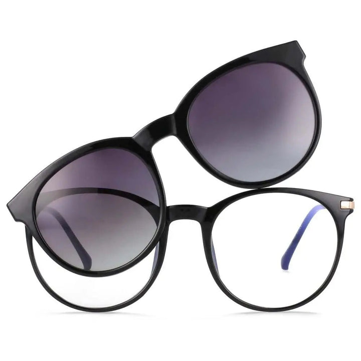 CCspace Unisex Full Rim Round Tr 90 Titanium Frame Eyeglasses Clip On Sunglasses 54044 - black