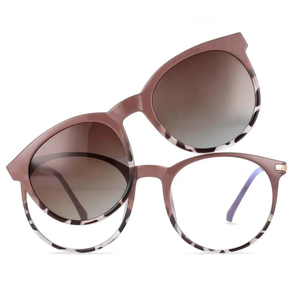 CCspace Unisex Full Rim Round Tr 90 Titanium Frame Eyeglasses Clip On Sunglasses 54044 - Khaki