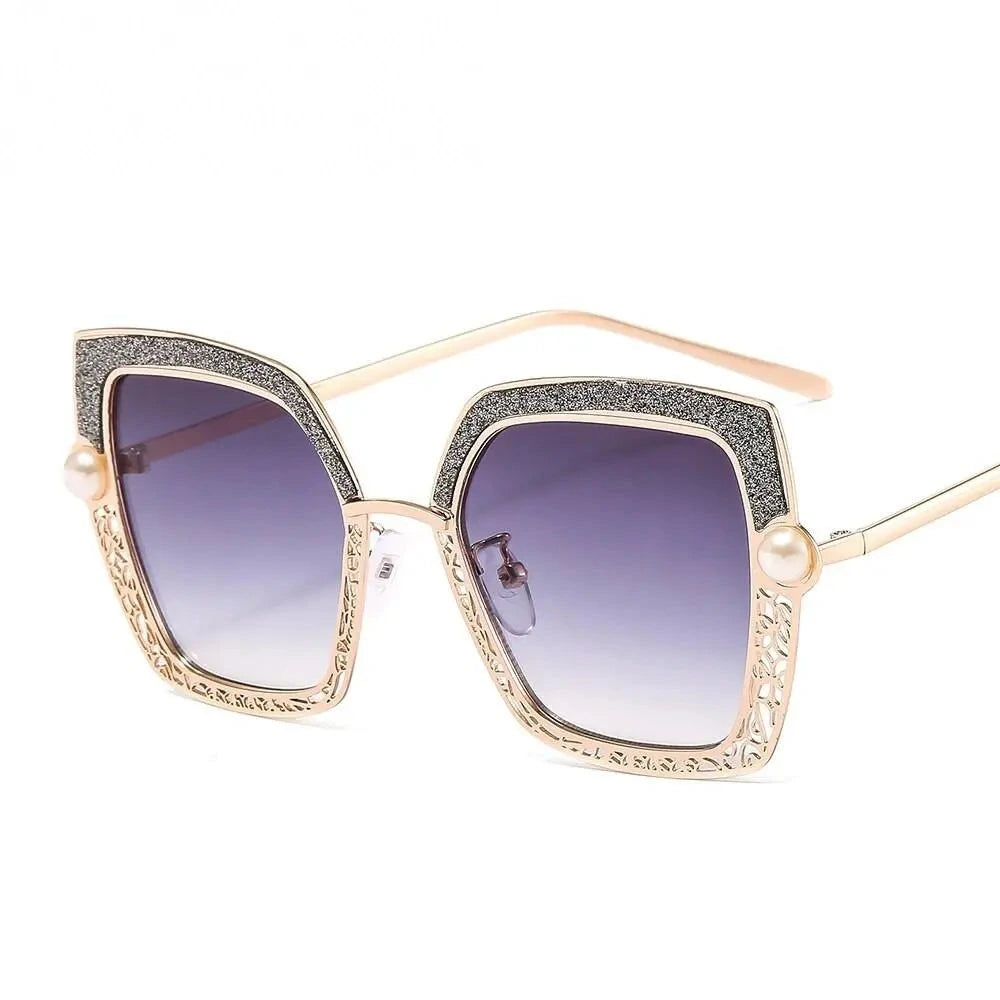 CCspace Women's Full Rim Square Cat Eye Hollow Pearl Alloy Frame Sunglasses 46548 - C1Gold-Gray