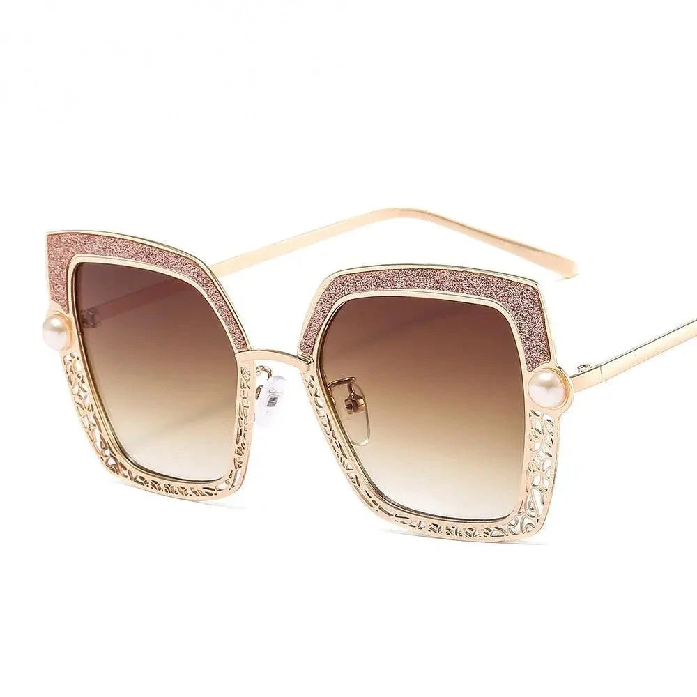 CCspace Women's Full Rim Square Cat Eye Hollow Pearl Alloy Frame Sunglasses 46548 - C2Gold-Brown