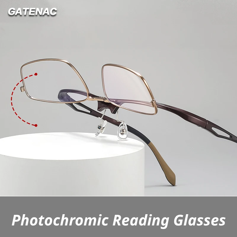 Gatenac Unisex Full Rim Flip Up Square Photochromic Alloy Reading Glasses 679001