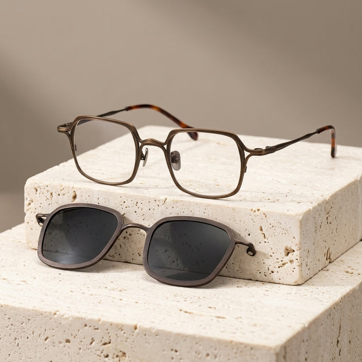 Chashma Ottica Unisex Full Rim Square Titanium Eyeglasses Clip On Sunglasses 415969 - Copper-Gray Clip