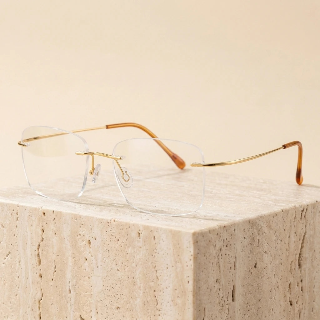 Chashma Unisex Rimless Rectangle Titanium Eyeglasses 16016 - Gold