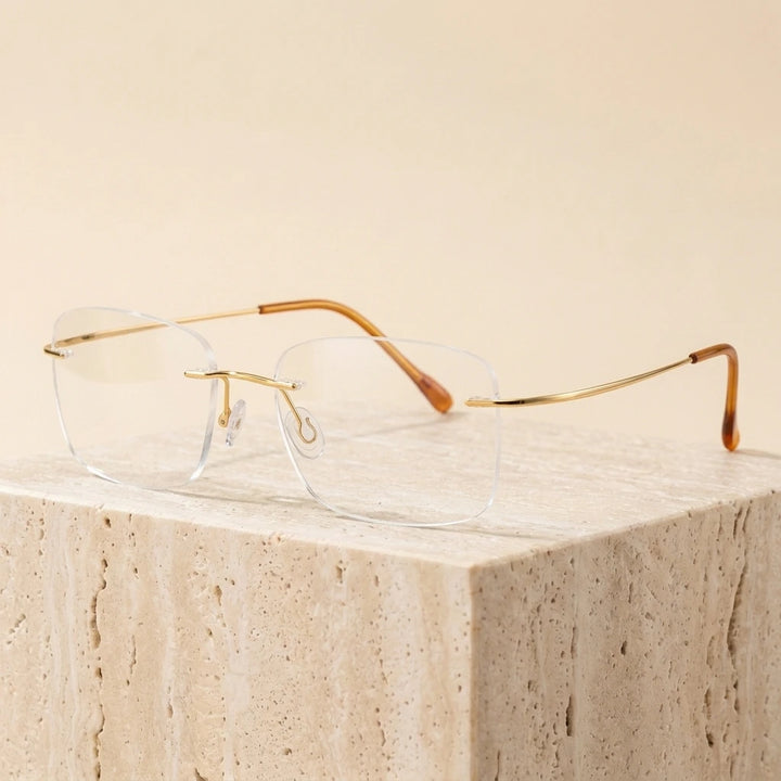 Chashma Unisex Rimless Rectangle Titanium Eyeglasses 16016 - Gold