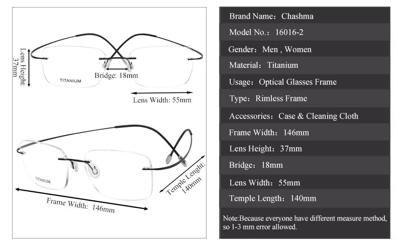 Chashma Unisex Rimless Rectangle Titanium Eyeglasses 16016 - Size Chart