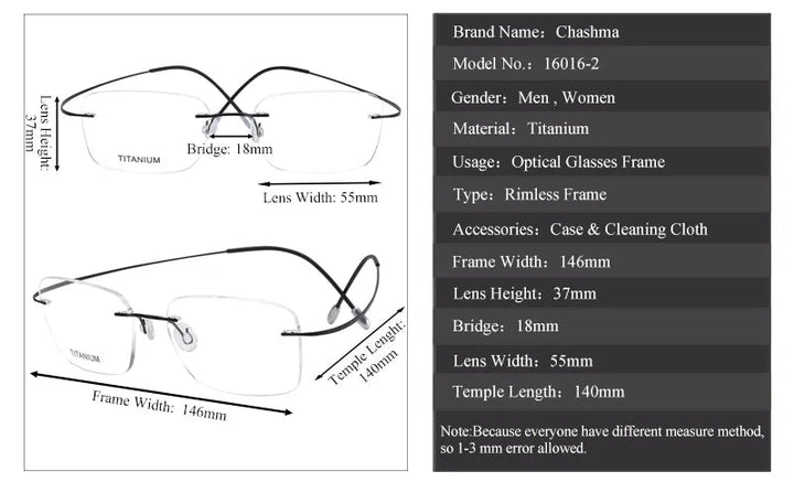 Chashma Unisex Rimless Rectangle Titanium Eyeglasses 16016 - Size Chart