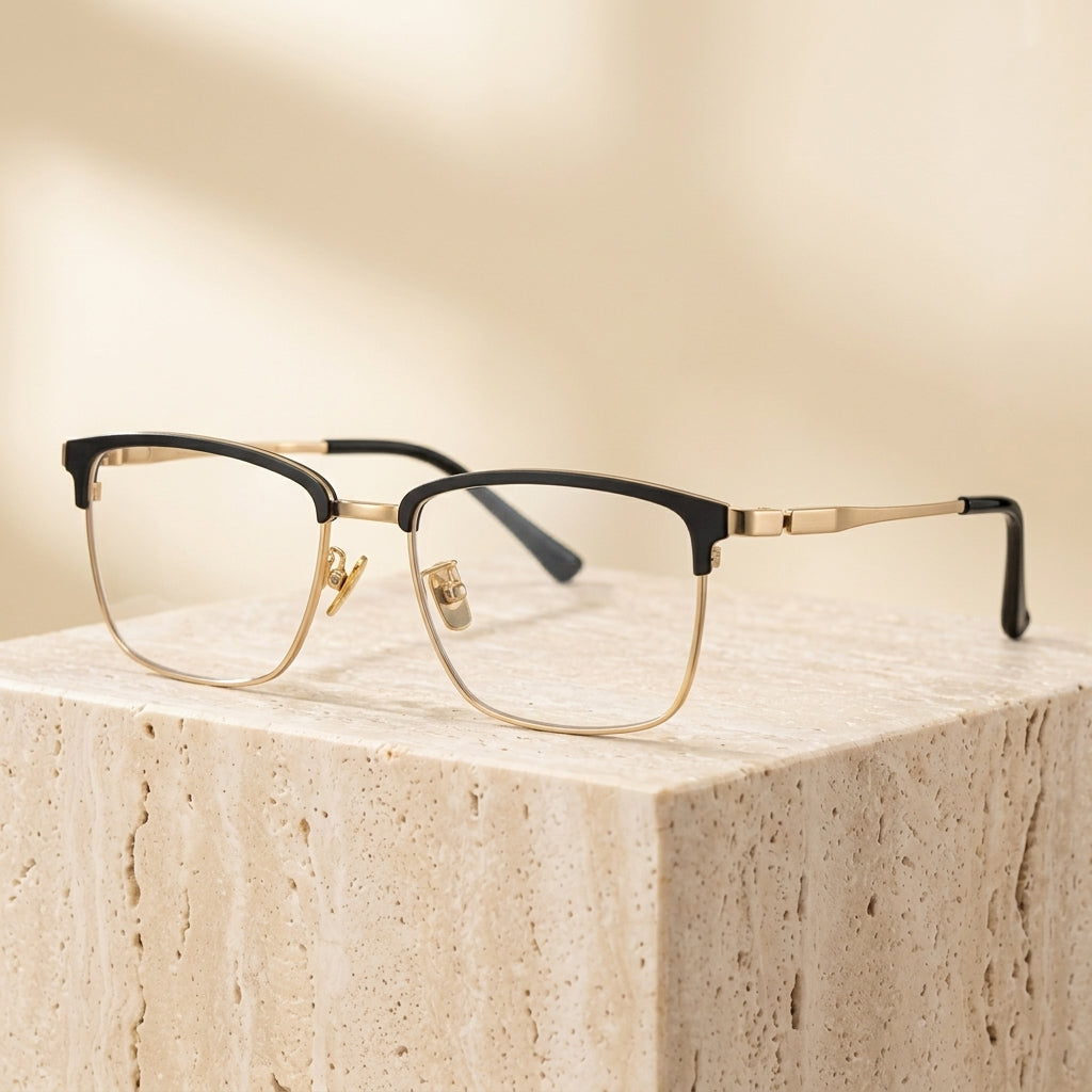 Chashma Ottica Unisex Full Rim Square Acetate Titanium Eyeglasses 412079 - Black Gold