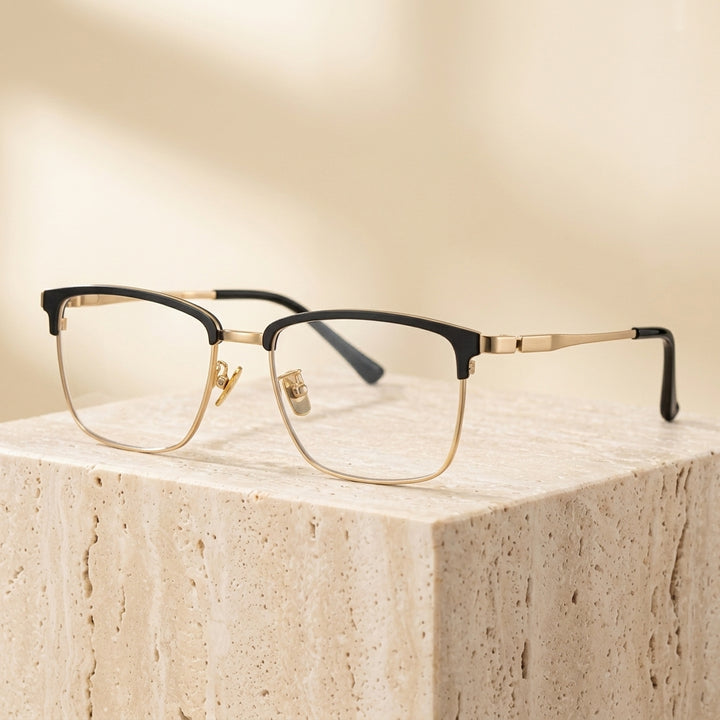 Chashma Ottica Unisex Full Rim Square Acetate Titanium Eyeglasses 412079 - Black Gold