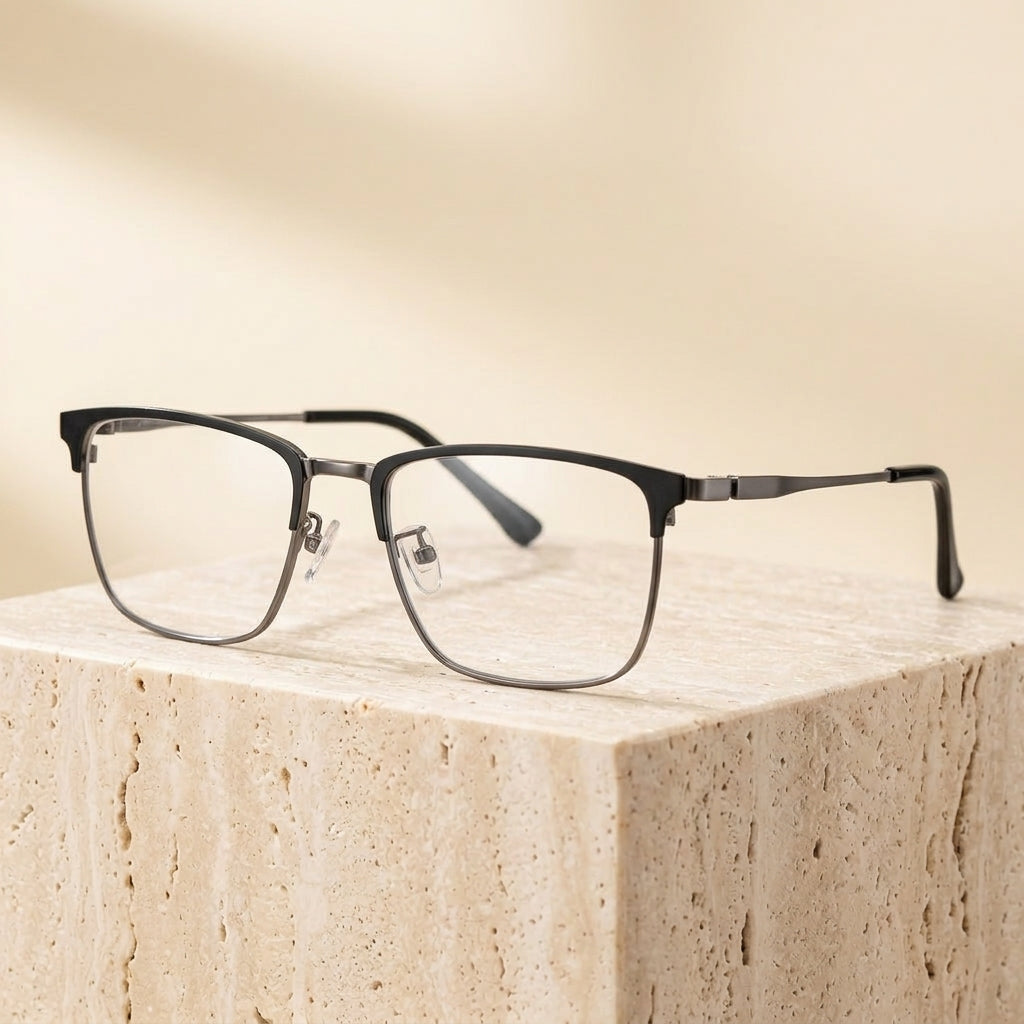 Chashma Ottica Unisex Full Rim Square Acetate Titanium Eyeglasses 412079 - Black Gray