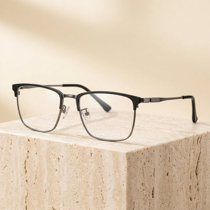 Chashma Ottica Unisex Full Rim Square Acetate Titanium Eyeglasses 412079 - Black Gray