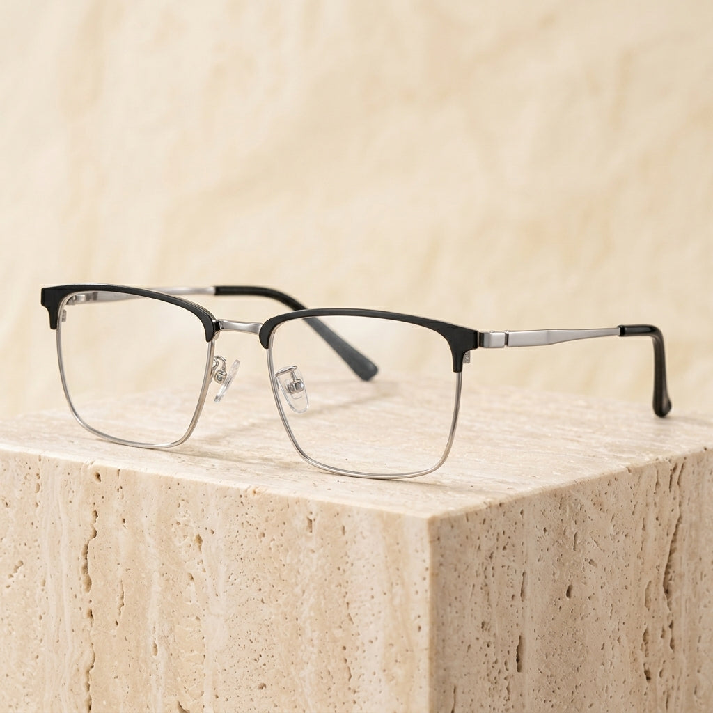 Chashma Ottica Unisex Full Rim Square Acetate Titanium Eyeglasses 412079 - Black Silver