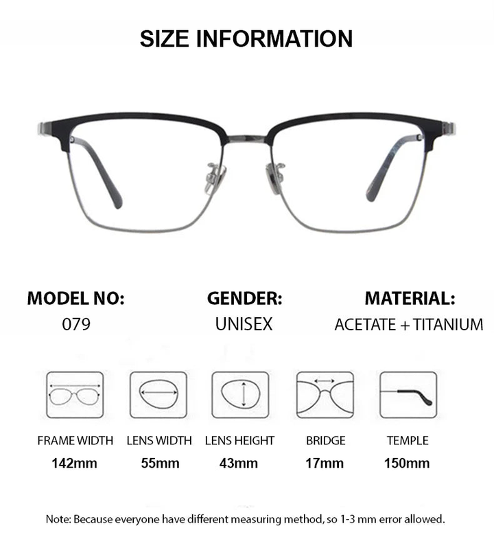 Chashma Ottica Unisex Full Rim Square Acetate Titanium Eyeglasses 412079 - Size Chart