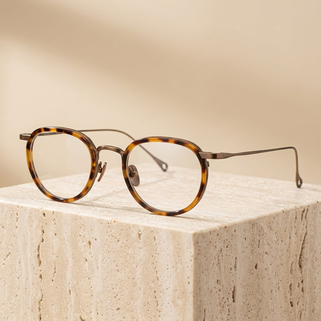 Chashma Ottica Women's Full Rim Flat Top Round Titanium Acetate Eyeglasses 417310 - Leopard Copper