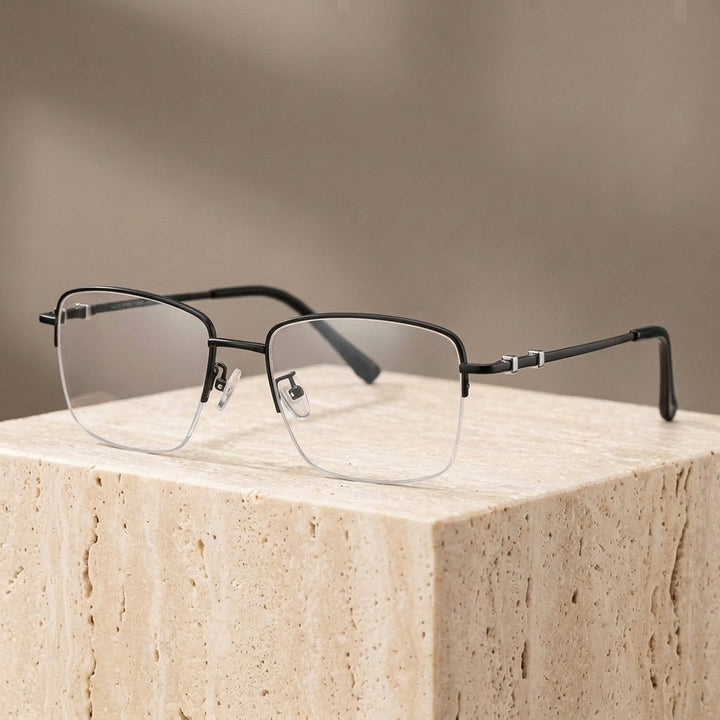 Chashma Ottica Unisex Semi Rim Square Titanium Eyeglasses 468969 - Black