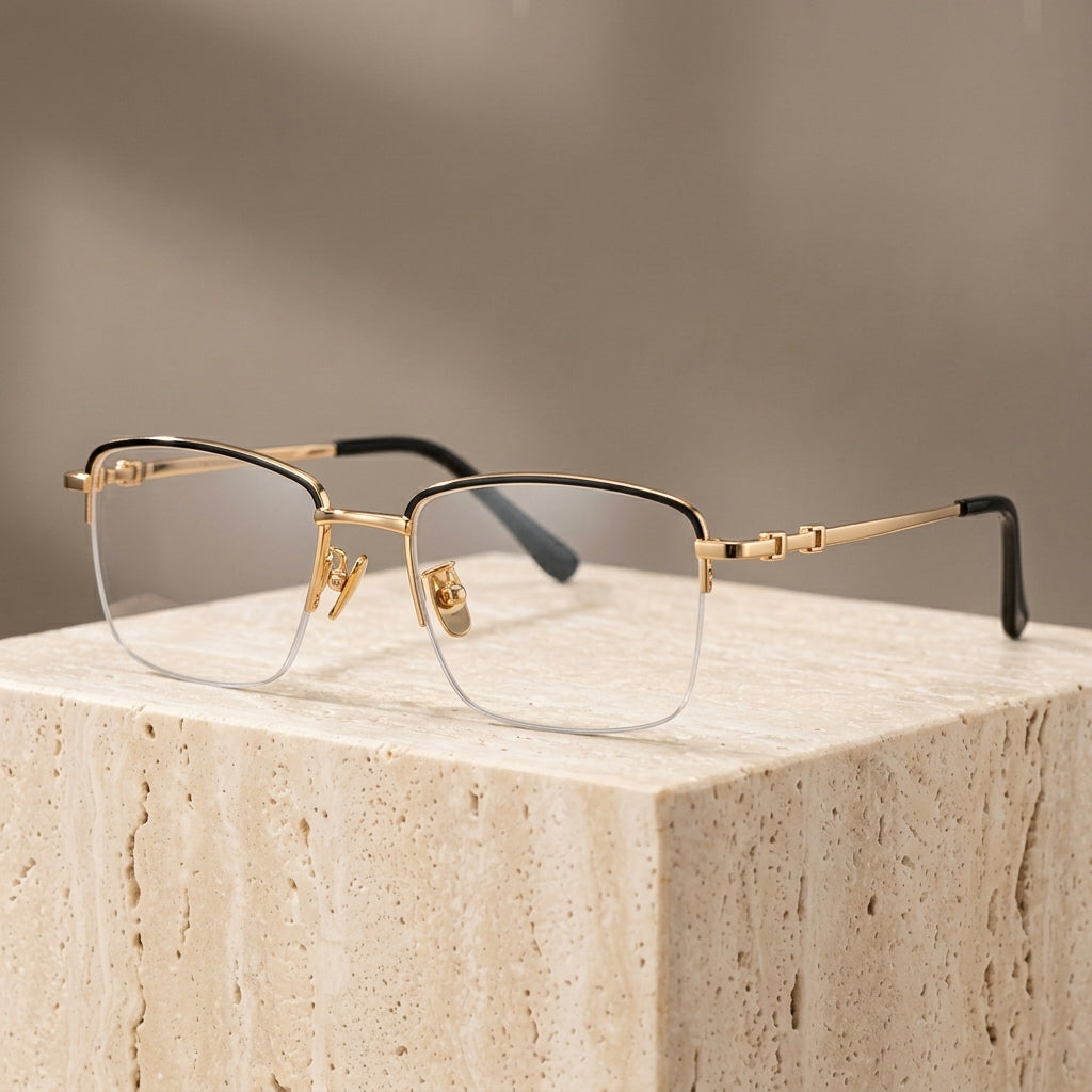 Chashma Ottica Unisex Semi Rim Square Titanium Eyeglasses 468969 - Gold