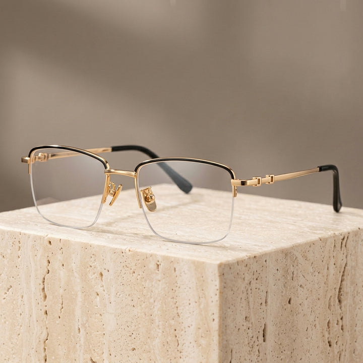 Chashma Ottica Unisex Semi Rim Square Titanium Eyeglasses 468969 - Gold