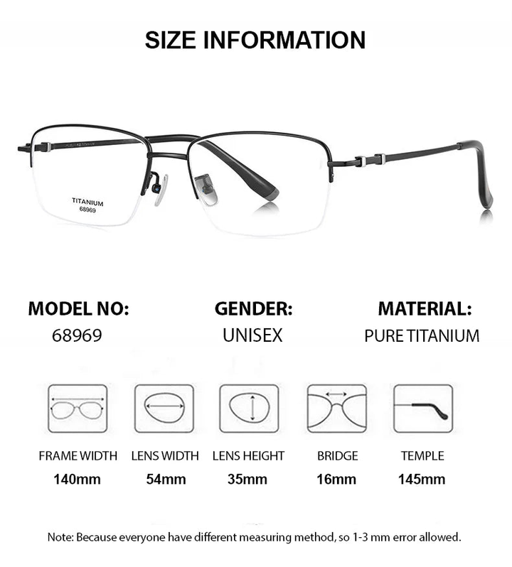 Chashma Ottica Unisex Semi Rim Square Titanium Eyeglasses 468969 - Size Chart