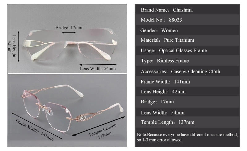 Chashma Women's Rimless Square Titanium Eyeglasses 88023 - Size Chart