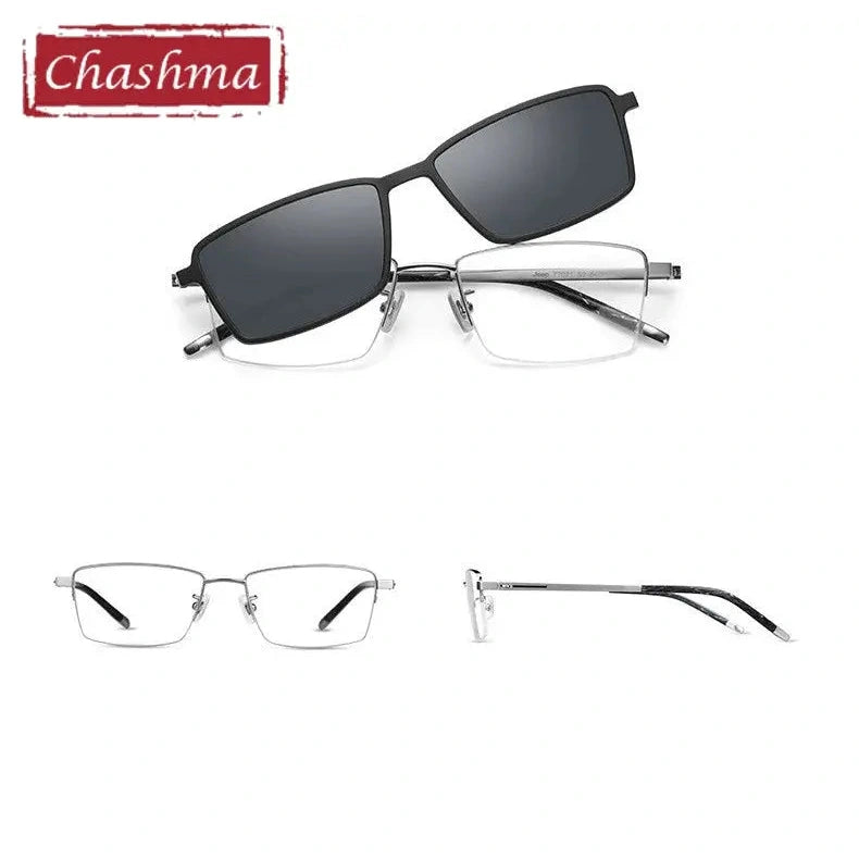 Chashma Men's Semi Rim Square Titanium Eyeglasses Clip On Sunglasses 887071 - Silver