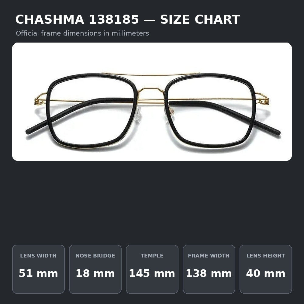 Chashma Ochki 138185 Eyeglasses — Frame Dimensions and Sizing Chart