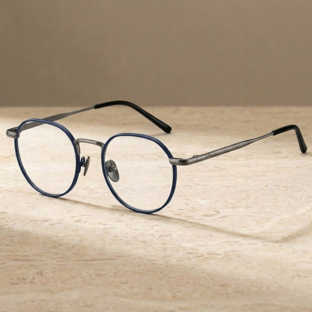 Chashma Ochki Women's Full Rim Flat Top Round Titanium Eyeglasses 13877 - Blue-Gun — view 2 | Chashma Ochki at FuzWeb