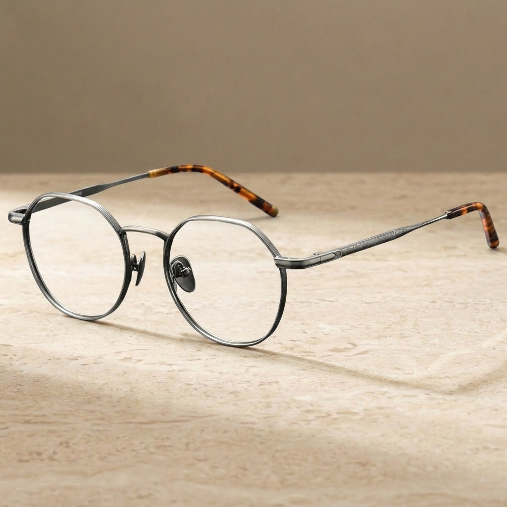 Chashma Ochki Women's Full Rim Flat Top Round Titanium Eyeglasses 13877 - Gun — view 1 | Chashma Ochki at FuzWeb