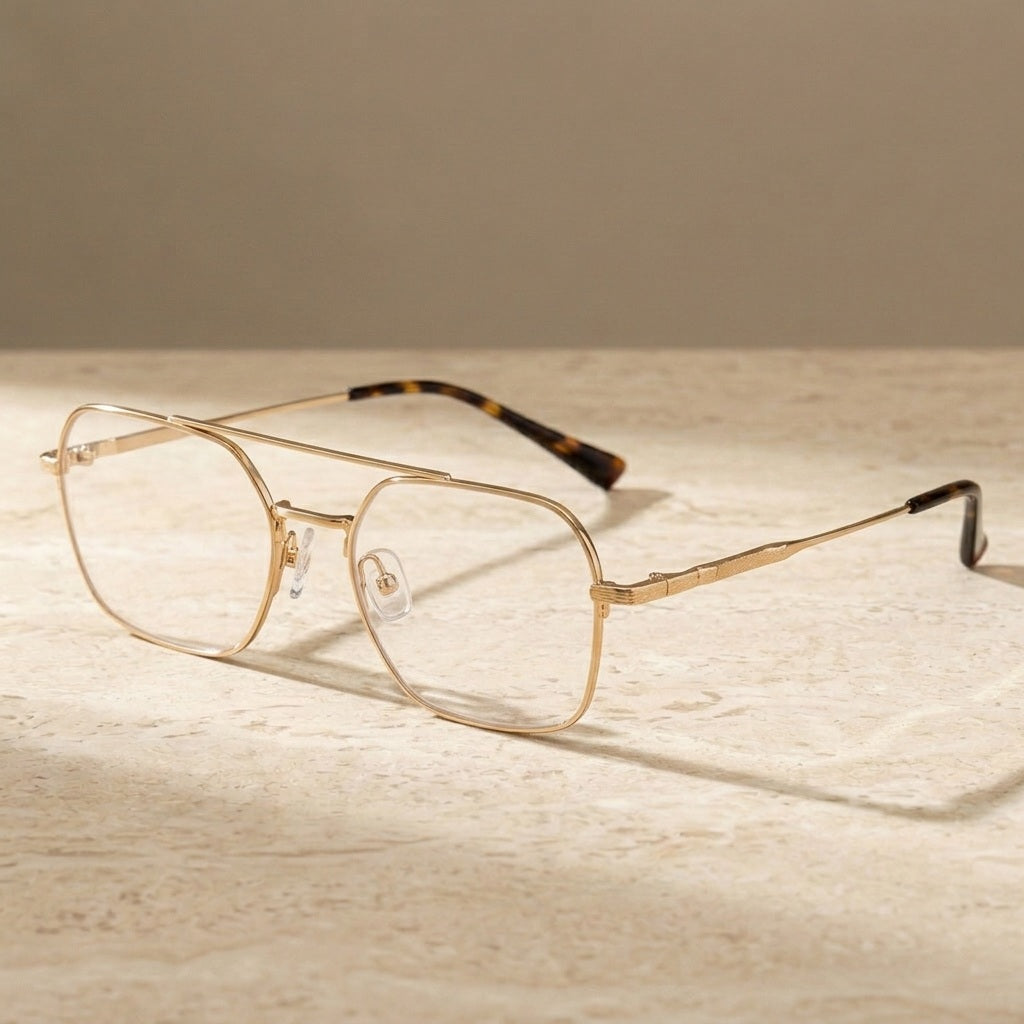 Chashma Ochki Men's Full Rim Square Double Bridge Titanium Eyeglasses 305228 - Gold — view 1 | Chashma Ochki at FuzWeb