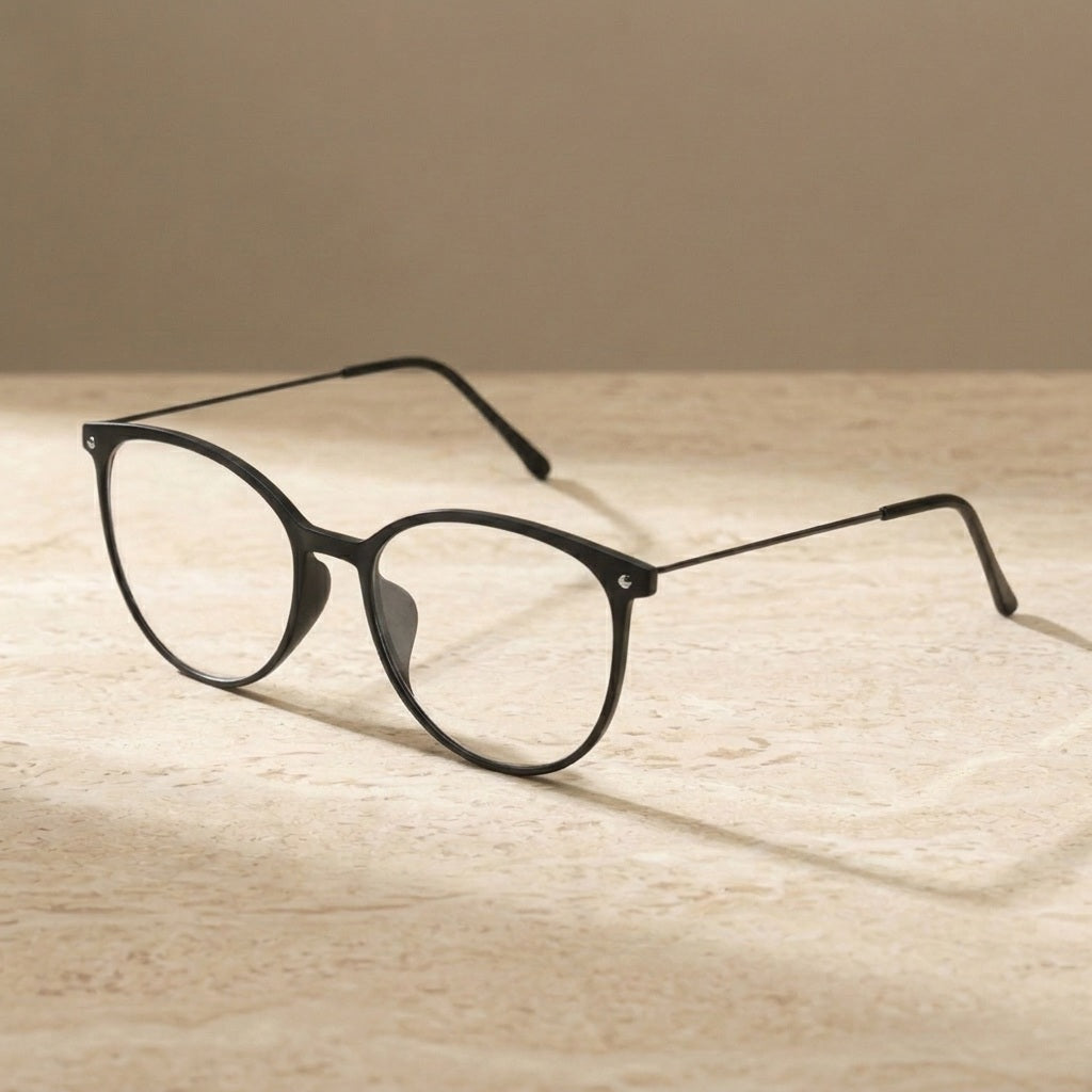 Chashma Ochki Unisex Full Rim Round Ultem Titanium Eyeglasses 312155 - Matte Black — view 1 | Chashma Ochki at FuzWeb