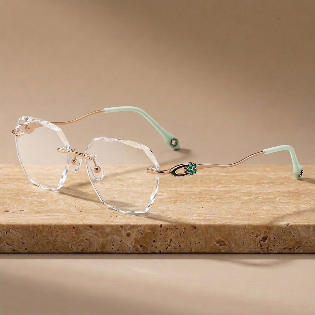 Chashma Ochki Women's Rimless Polygon Titanium Eyeglasses 315611 - Gold-Green — view 2 | Chashma Ochki at FuzWeb