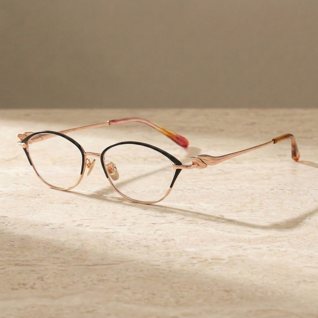 Chashma Ochki Women's Full Rim Oval Cat Eye Titanium Eyeglasses 361001 - Black-Rose Gold — view 2 | Chashma Ochki at FuzWeb