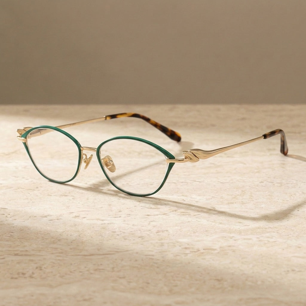 Chashma Ochki Women's Full Rim Oval Cat Eye Titanium Eyeglasses 361001 - Green-Gold — view 1 | Chashma Ochki at FuzWeb