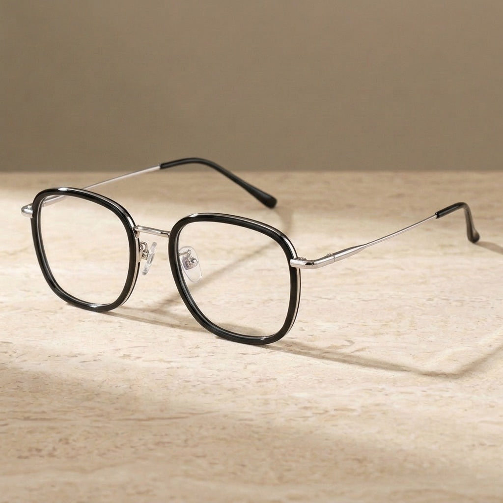 Chashma Ochki Unisex Full Rim Square Acetate Titanium Eyeglasses 388037 - Black-Silver — view 2 | Chashma Ochki at FuzWeb