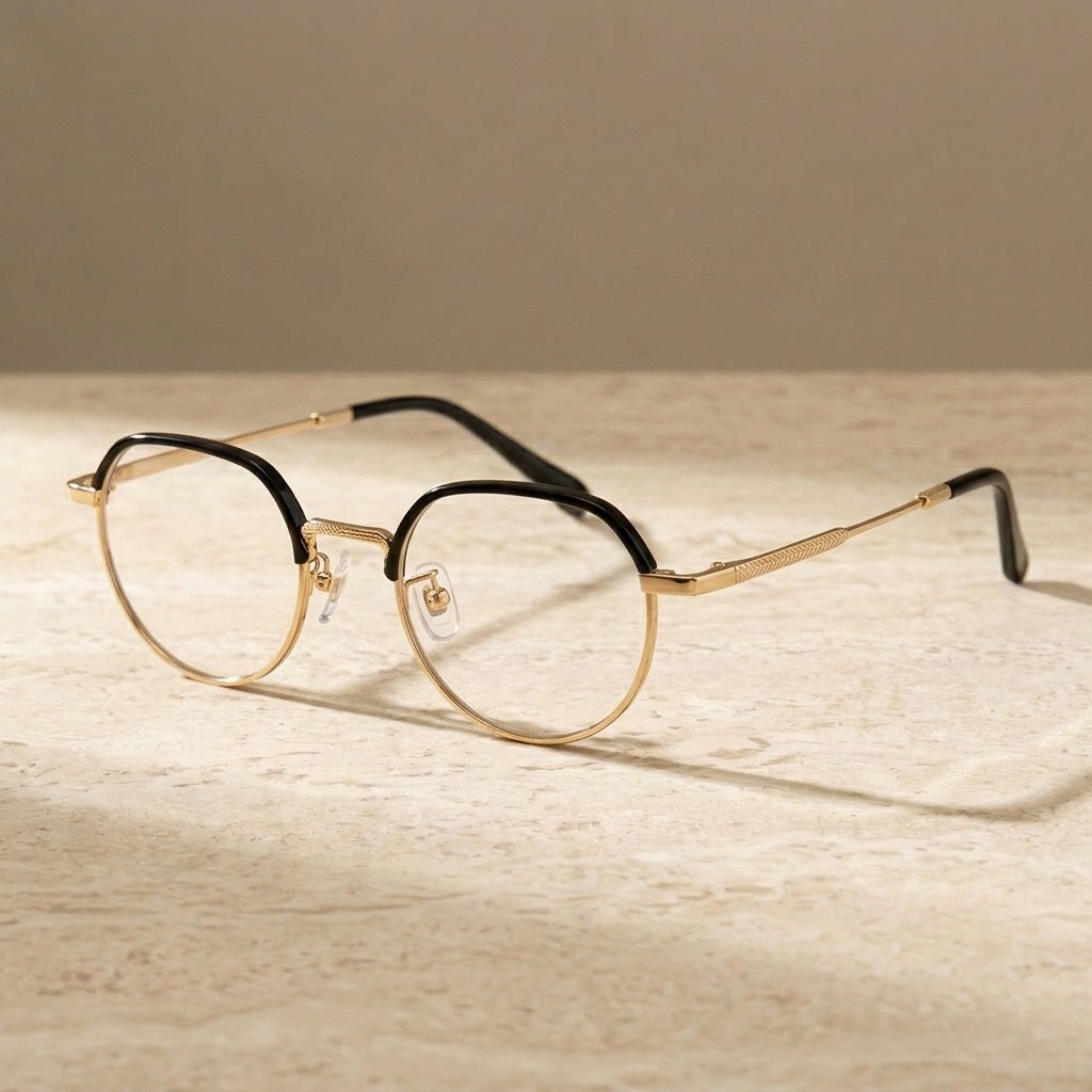 Chashma Ochki 880066 Flat Top Round Eyeglasses in Black-Gold — view 1 | Chashma Ochki at FuzWeb