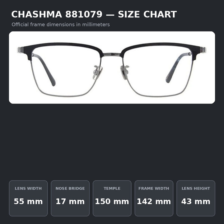 Chashma Ochki 881079 Eyeglasses — Frame Dimensions and Sizing Chart