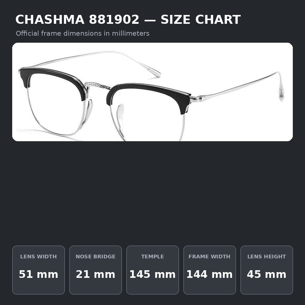 Chashma Ochki 881902 Eyeglasses — Frame Dimensions and Sizing Chart