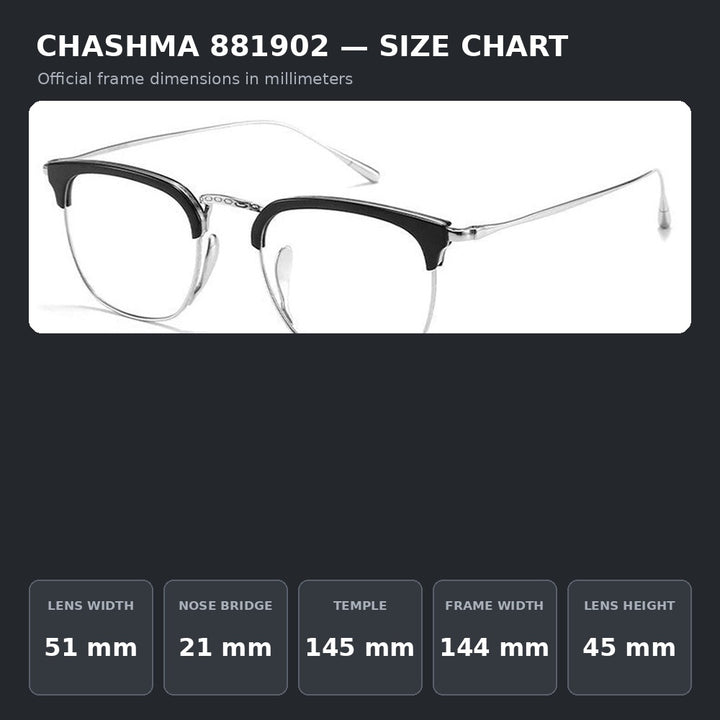 Chashma Ochki 881902 Eyeglasses — Frame Dimensions and Sizing Chart