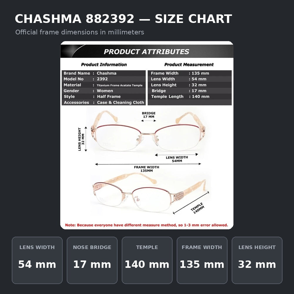 Chashma Ochki 882392 Eyeglasses — Frame Dimensions and Sizing Chart