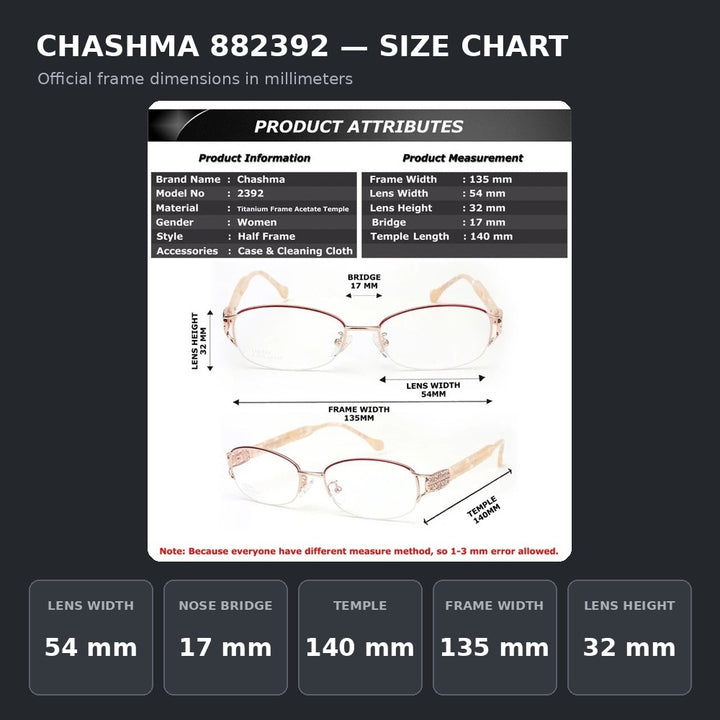 Chashma Ochki 882392 Eyeglasses — Frame Dimensions and Sizing Chart